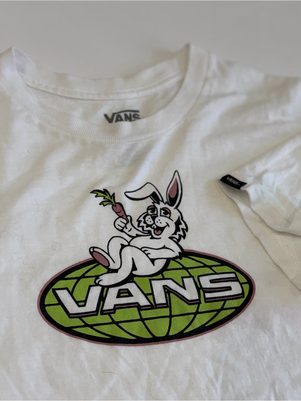 Vans White Tee with Bunny Holding Carrot Graphic